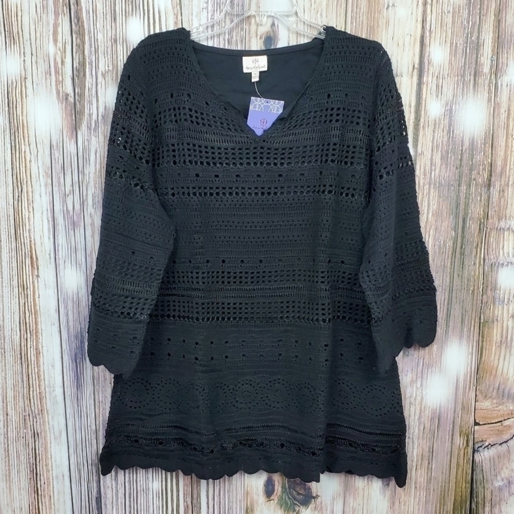 NWT Laurie Felt Black Crochet V-next Tunic 3/4 Sleeves - Size XL - Picture 2 of 8